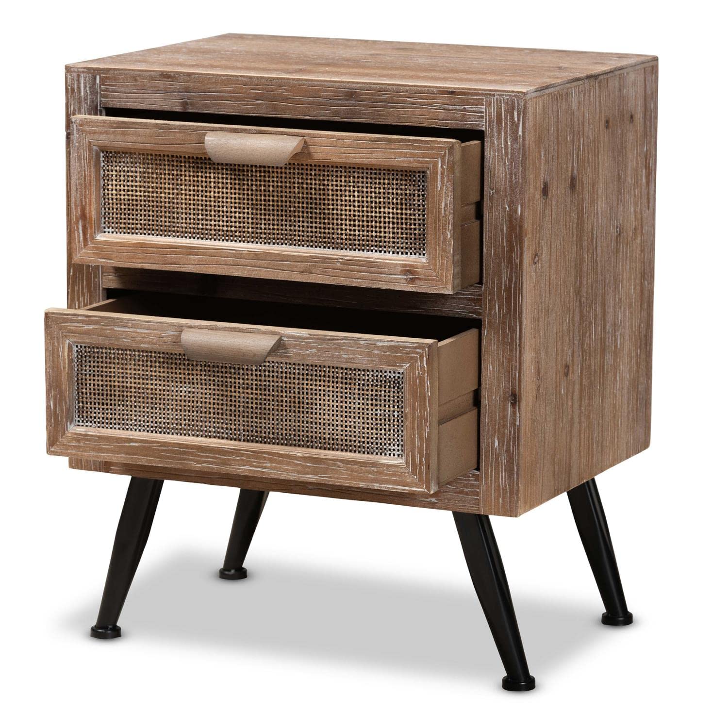 Baxton Studio Calida Mid-Century Modern Whitewashed Natural Brown Finished Wood and Rattan 2-Drawer Nightstand